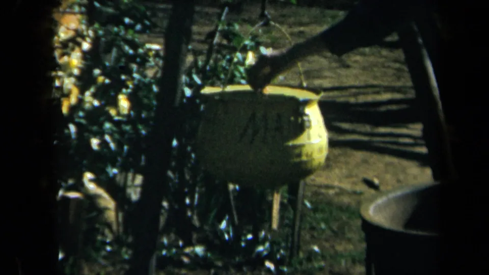 1969 California 8mm frame showing a shaded yard with plants, a yellow garden object, and a partial person-like form near the edge.