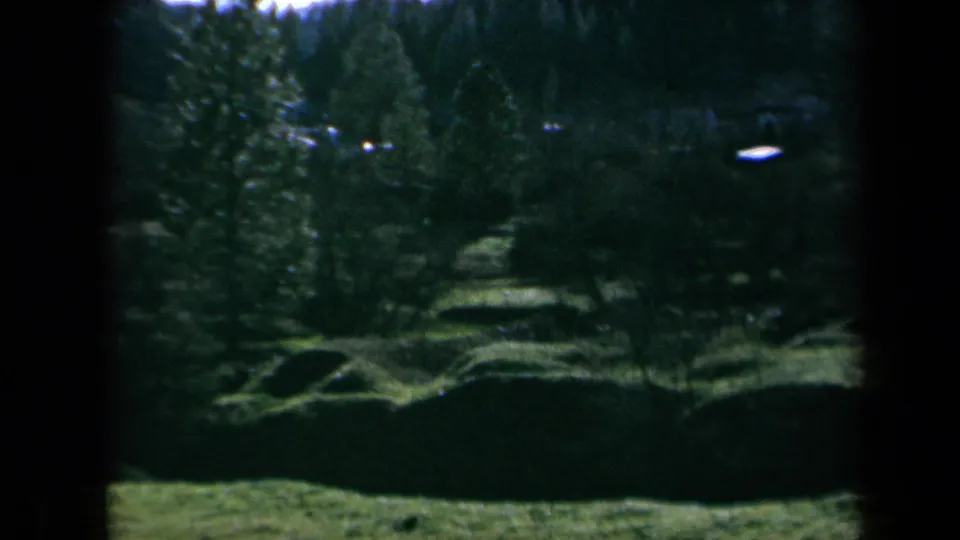1969 California 8mm frame showing a shaded wooded hillside and bright green pasture with soft focus and heavy edge vignetting.