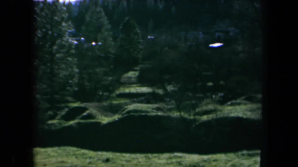 1969 California 8mm view of trees and a sunlit grassy slope, with soft exposure and a dark vertical frame edge.
