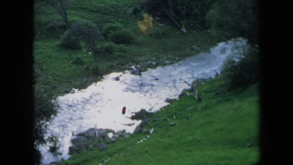 1969 California countryside frame with a bright stream, grassy banks, trees, rocks, and a small indistinct red mark near the water.