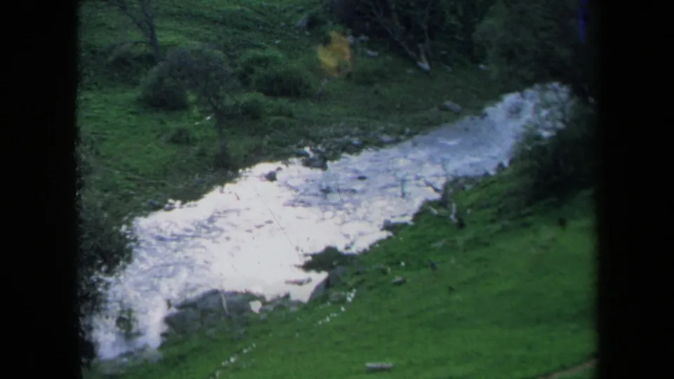 1969 California 8mm frame showing a curved rushing stream bordered by grass, scattered trees, and brush on a rural slope.