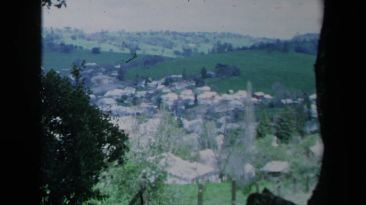 1969 California home-movie frame showing a distant rural town among green hills, partly framed by dark trees and shrubs.