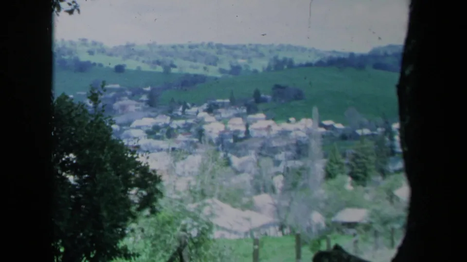 Soft 1969 California home-movie frame of a rural town below green hills, with foliage and a dark trunk in the foreground.