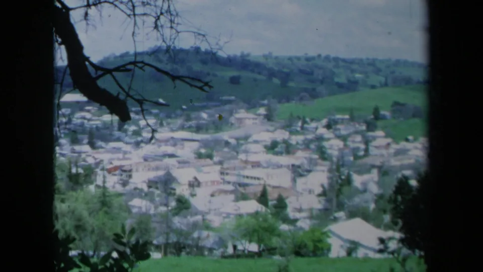 Vintage 8mm frame of a California town from above, with green hills and foreground tree branches softening the view.
