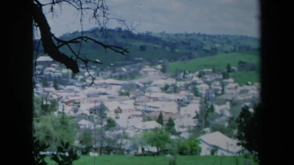 1969 California town overlook with pale rooftops, green hills, and dark foreground foliage in a soft 8mm frame.