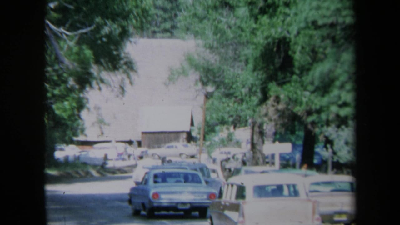 Classic cars parked along a town street near trees and a large wooden building.