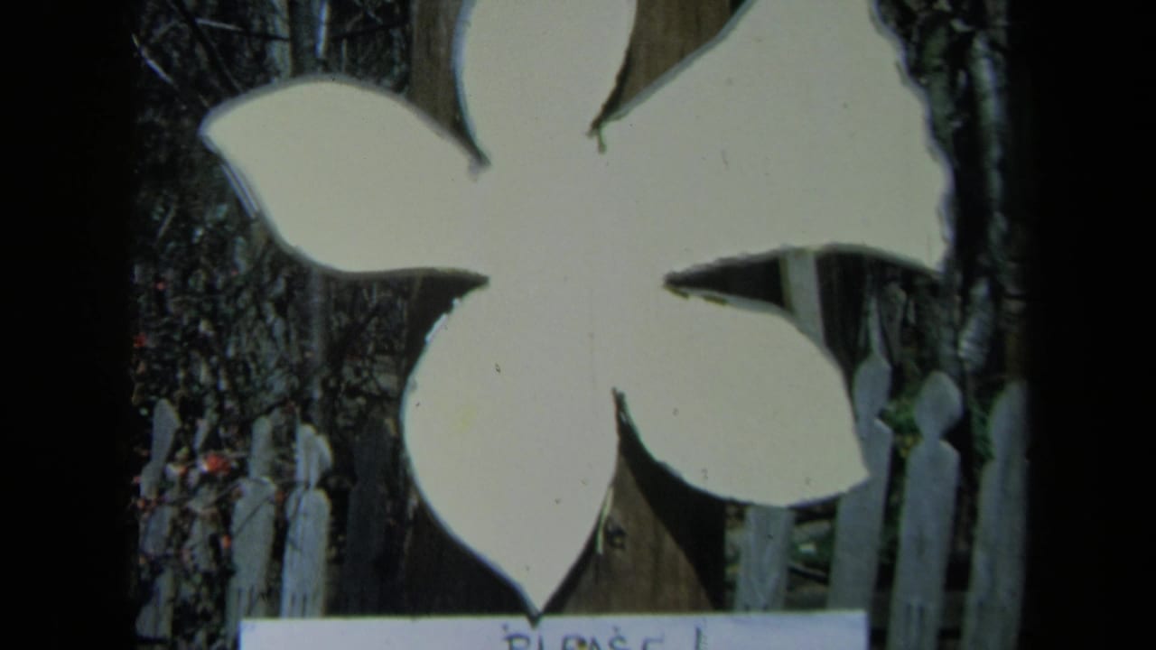 White flower sign above a partially visible handwritten notice and picket fence.