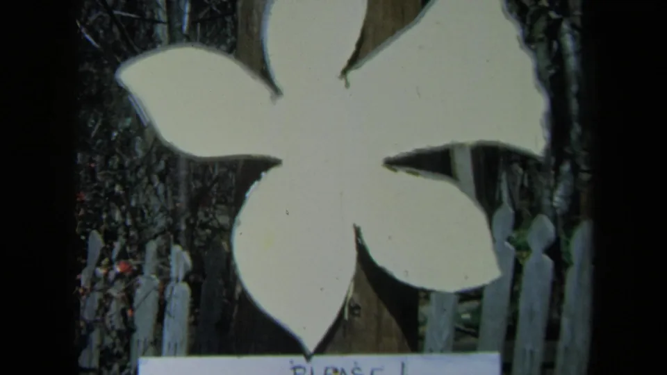 The camera lowers from the white flower sign toward a handwritten notice mounted below it in the garden setting.