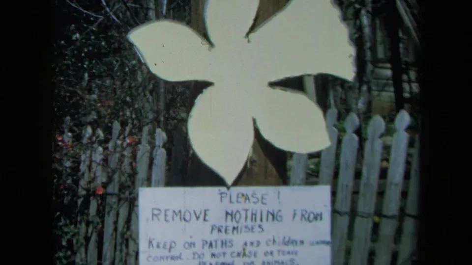 A 1969 California home-movie frame shows the flower sign above a handwritten notice asking visitors not to remove items.