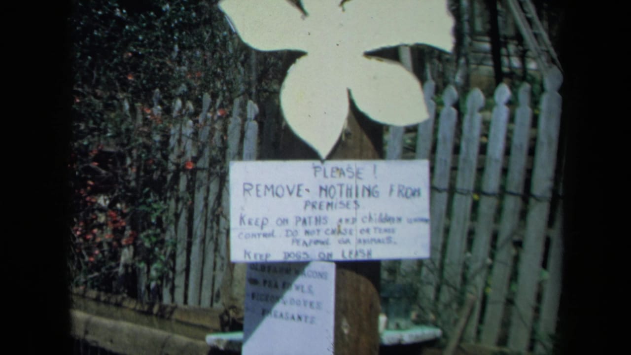 1969 California 8mm frame showing a hand-painted rules sign on a wooden post near a white picket fence and foliage.