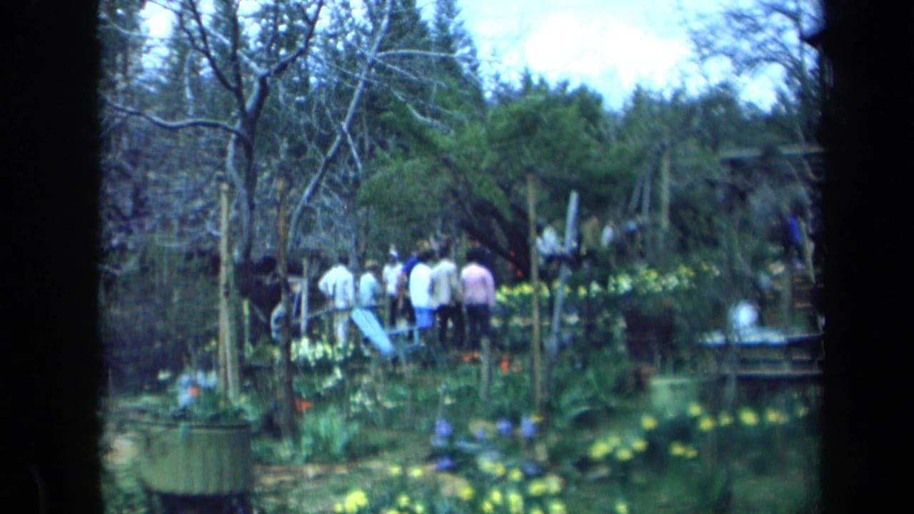 1969 California 8mm frame showing adults gathered in a lush garden with yellow flowers, trees, and dark foreground borders.