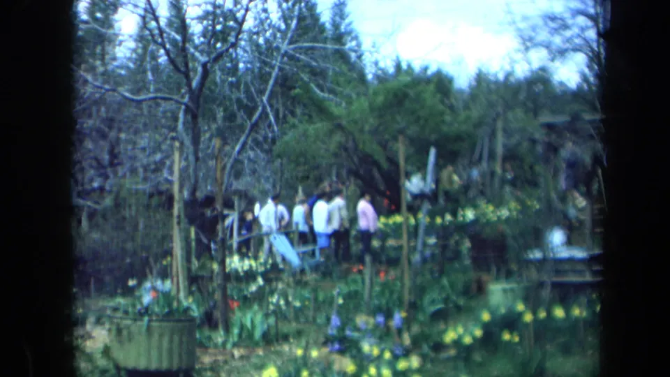 A distant group of adults appears in a California garden, with daffodils, shrubs, bare branches, and 8mm film borders visible.