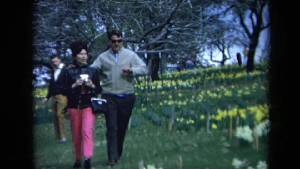 Adults stroll along a grassy path through blooming daffodils in California, with bare trees and soft 8mm home-movie focus.