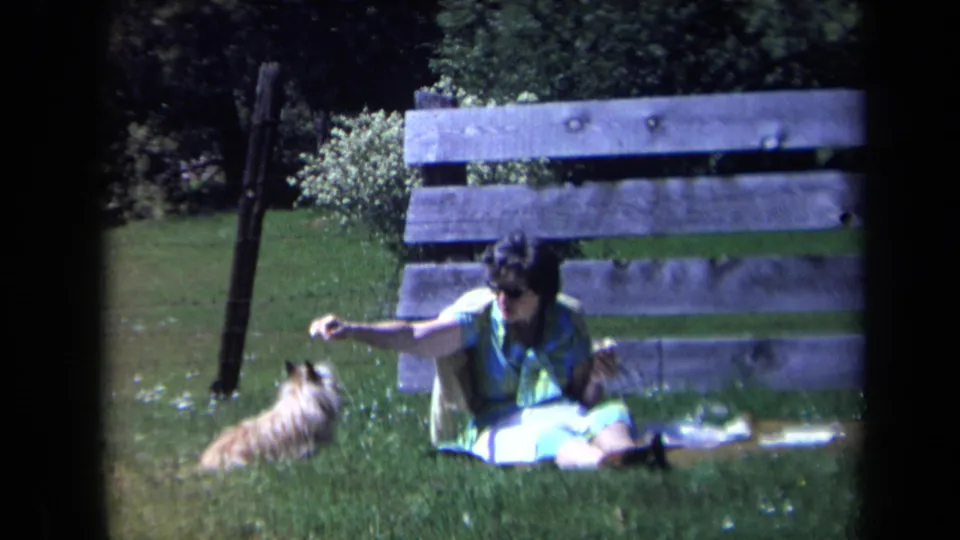 The woman remains seated by the wooden fence in 1969 California footage, holding food out to the small dog on the grass.