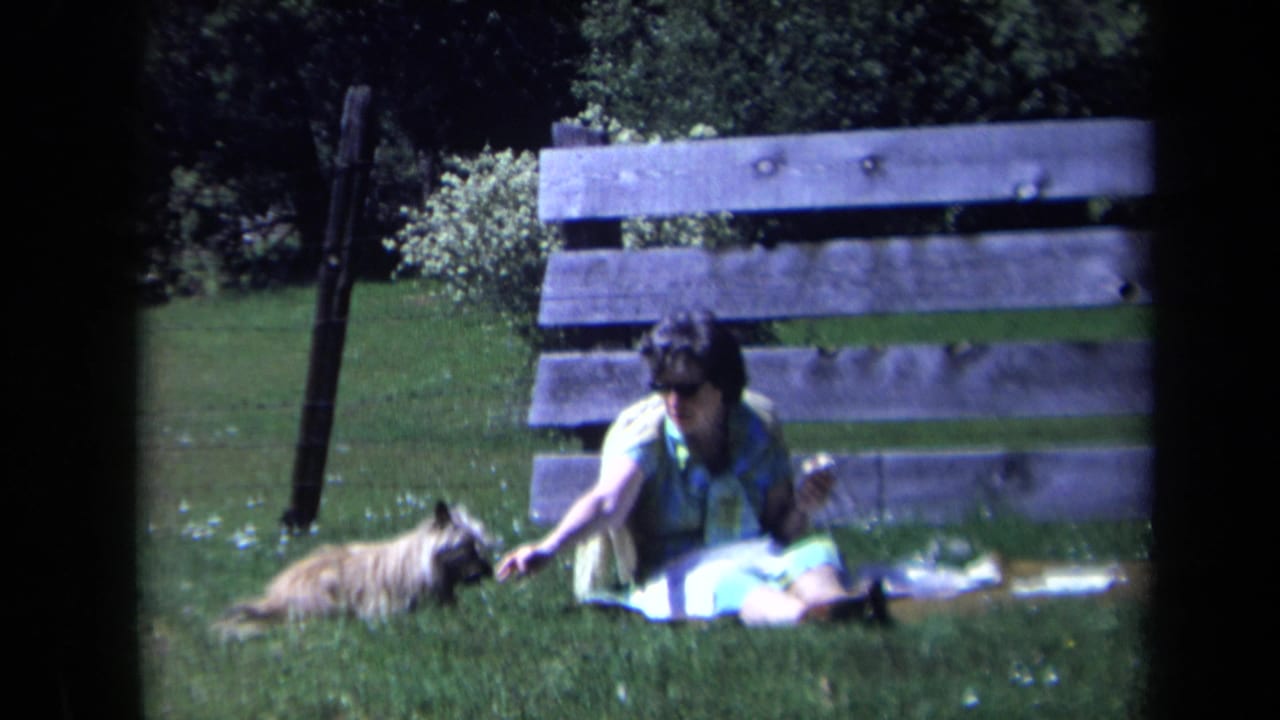 In 1969 California home-movie footage, a woman in sunglasses sits on a lawn and reaches toward a small scruffy dog near wooden slats.