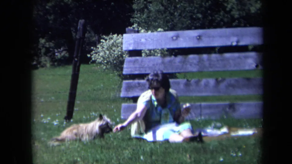 In 1969 California home-movie footage, a woman in sunglasses sits on a lawn and reaches toward a small scruffy dog near wooden slats.