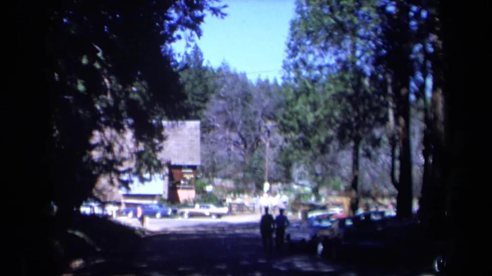 Distant walkers on a shaded, tree-lined park path in 1969 California home-movie footage, with cars and a rustic structure ahead.