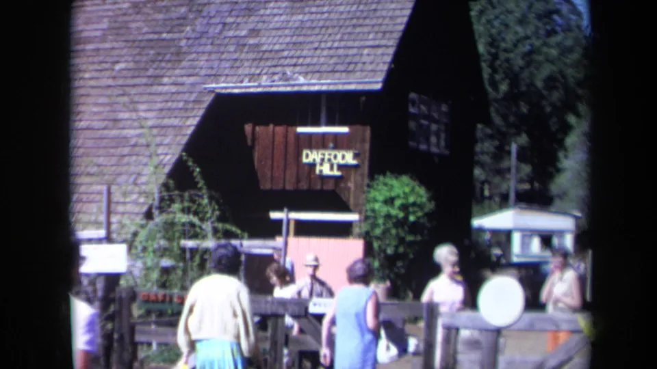 1969 California home-movie frame of visitors gathered near the rustic Daffodil Hill building, with signage, fence rails, trees, and a kiosk-like structure.