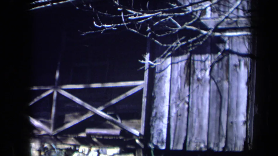 Blue-tinted 1969 California home-movie frame of a shadowed porch rail, weathered vertical boards, and leafless tree branches.