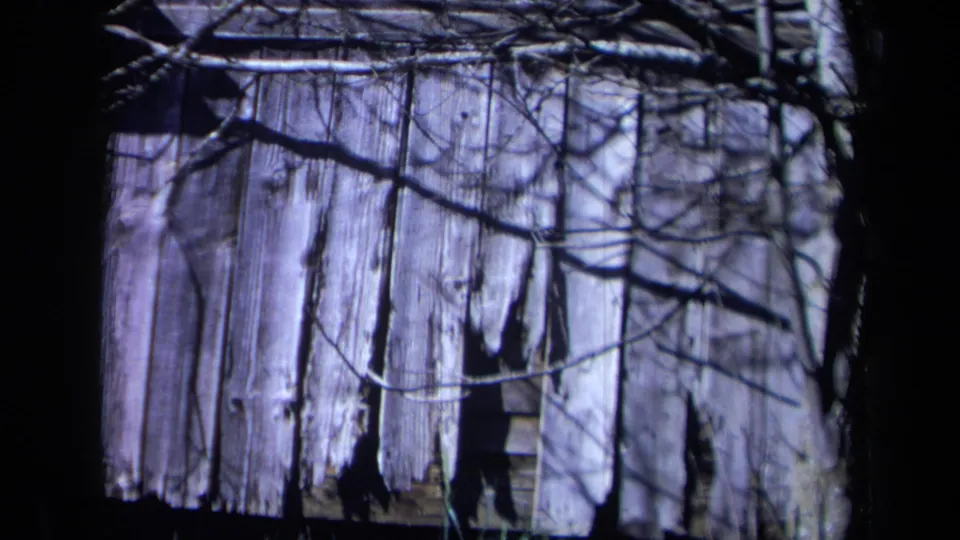 1969 California 8mm frame of a weathered outbuilding wall, bare limbs, dark gaps in the boards, and a low wire or fence line.