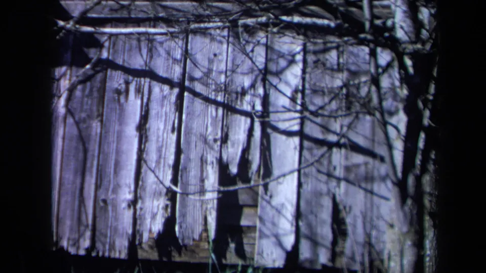 1969 California 8mm frame showing a dilapidated barn or outbuilding side with jagged board damage, bare branches, and a dark trunk edge.