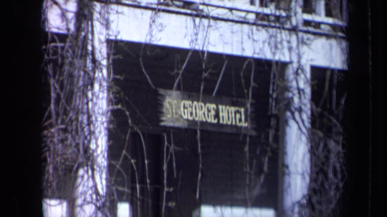 St. George Hotel sign seen through bare vines on a building facade.