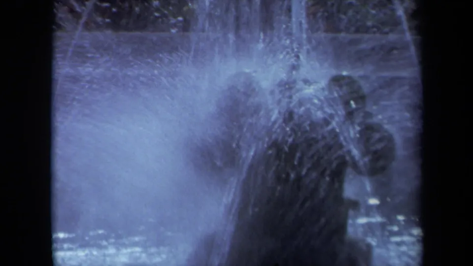 Blue-tinted 1969 California home-movie frame with fountain spray in front of distant park visitors and shaded trees.
