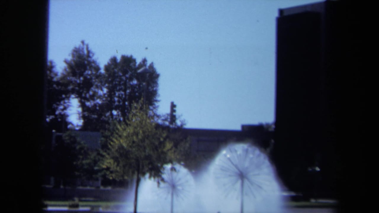Daytime fountain sprays in front of a modern building and small trees.