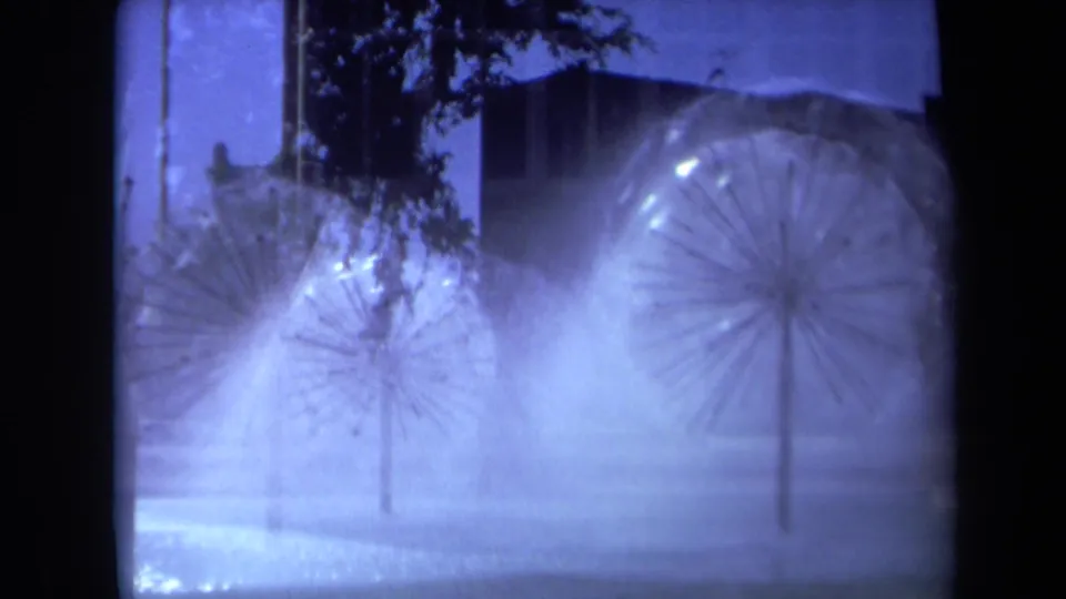 1969 Sacramento 8mm frame showing fountain mist and starburst spray forms beneath tree branches, with soft focus and blue-purple tint.
