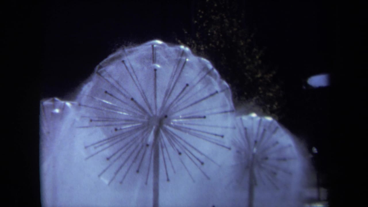 Close view of round illuminated fountain heads with radiating spokes and water mist.