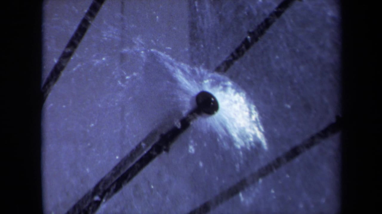 Sprinkler head sprays water with dark diagonal lines crossing the frame.
