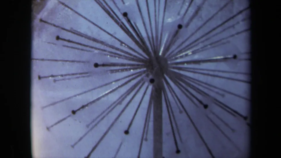 1969 Sacramento 8mm frame showing the spiky radial object filling the view, with rods and dark tips across a cool blue-purple field.