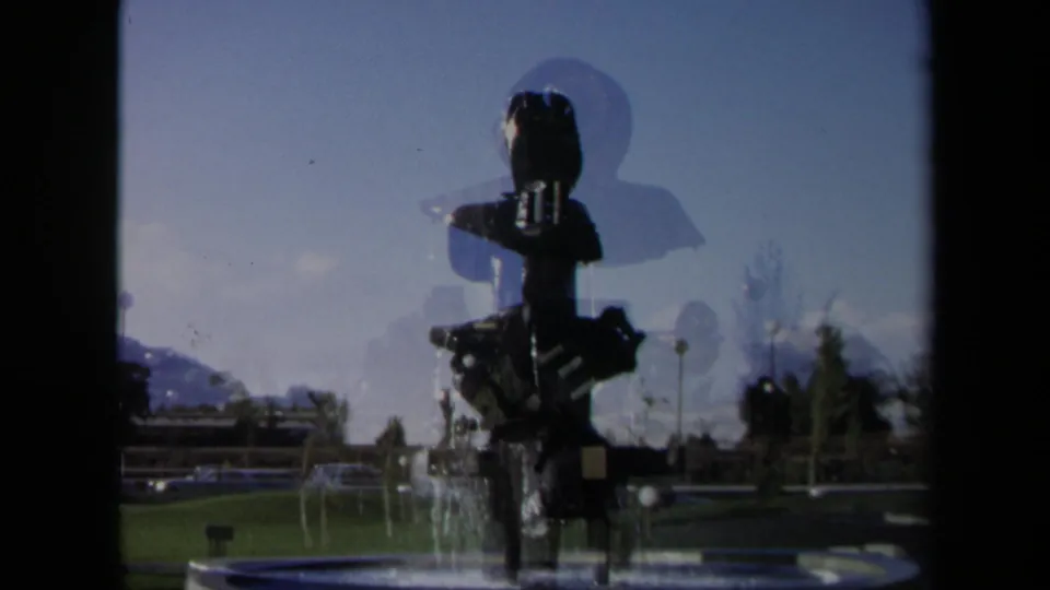 1969 Sacramento 8mm frame showing a silhouetted modernist fountain, water spray, grass, trees, and distant buildings.