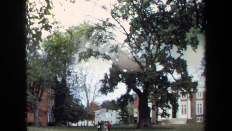 1970 Annapolis park view with mature trees, nearby buildings, and small pedestrians moving in the distance.