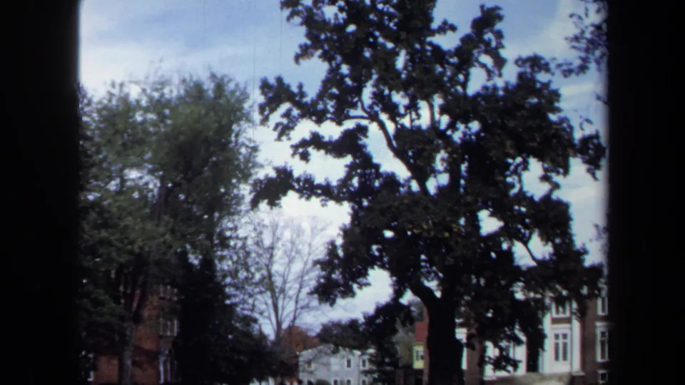 1970 Annapolis 8mm frame looking toward tree canopies and partially visible buildings at the edge of a park.