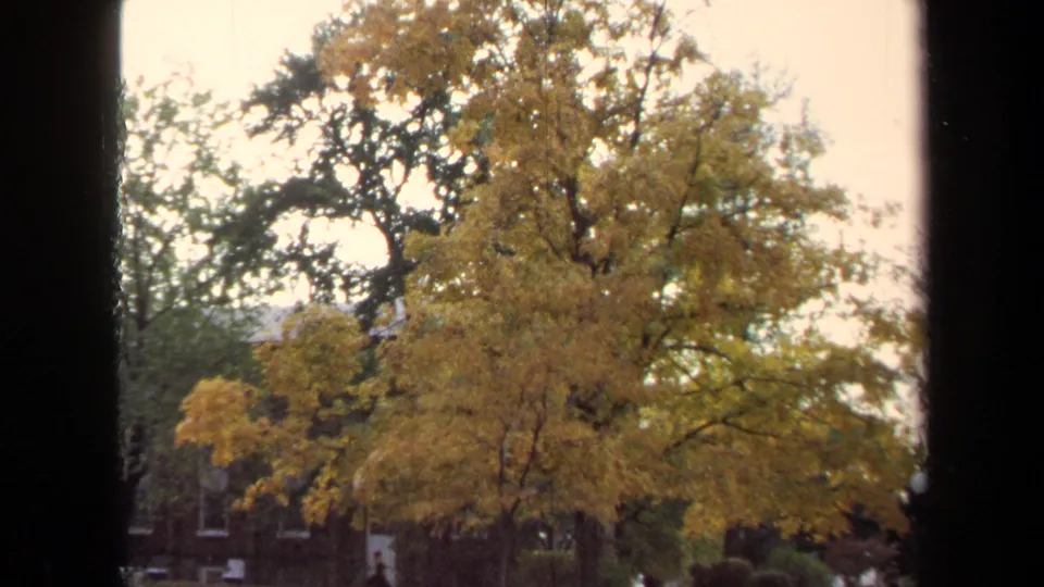 1970 Annapolis 8mm frame showing a golden autumn tree, brick buildings, and sky from a window-framed viewpoint.