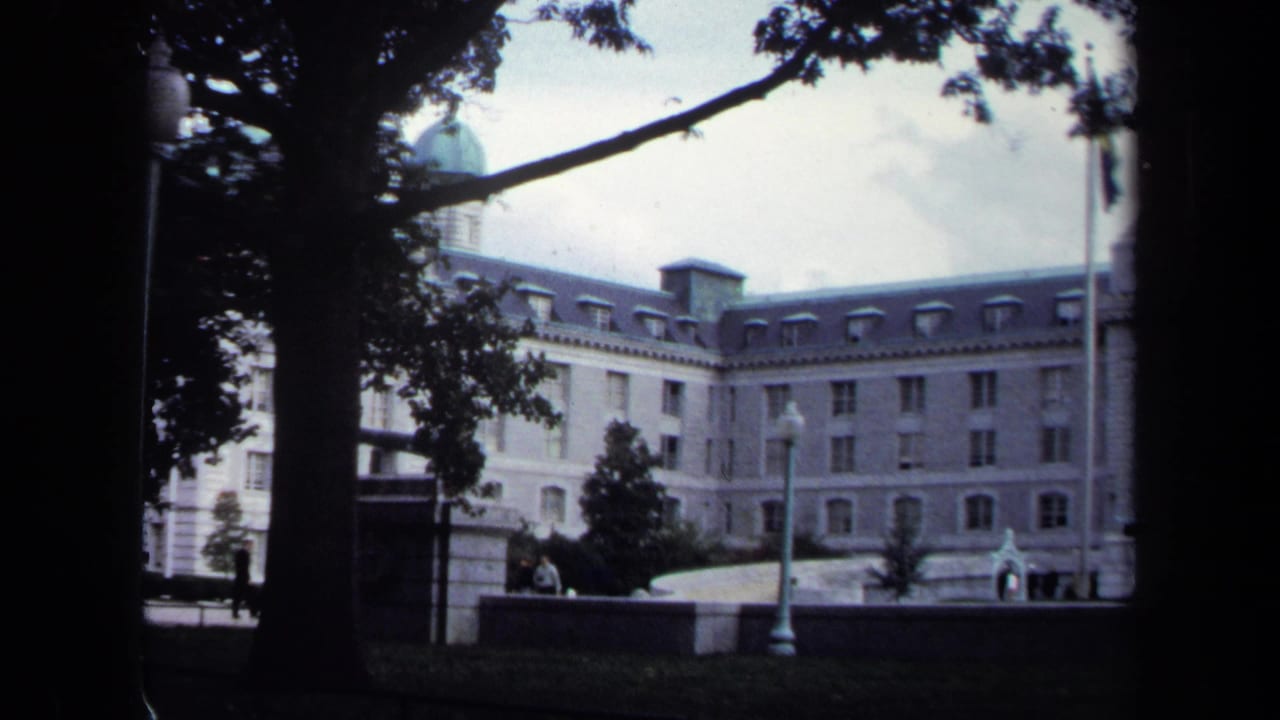 White building with mansard roof, green dome, trees, flagpole, and pedestrians.