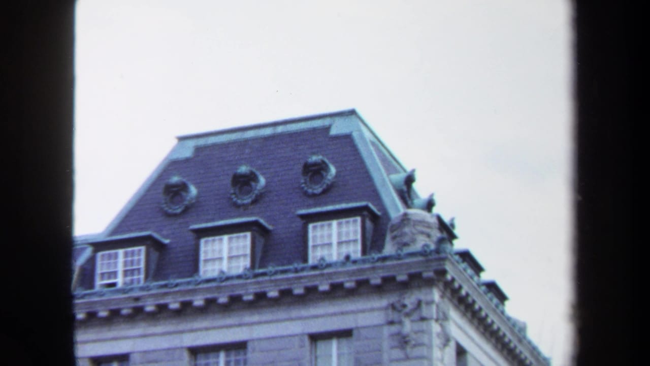 Closer view of mansard roof, dormers, and carved corner stonework.
