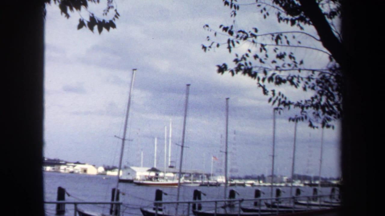 Annapolis waterfront marina view from 1970 8mm footage, with sailboats moored beside dock posts and trees edging the frame.
