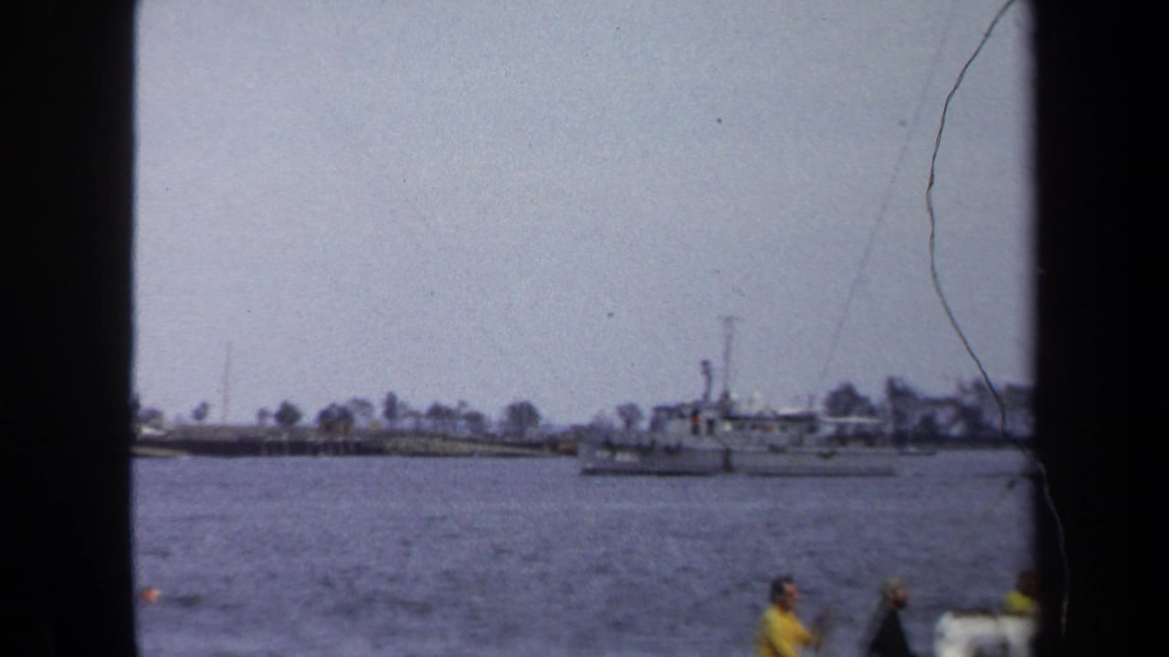 Distant motor vessel on bay water with shoreline trees and partial passengers in foreground.