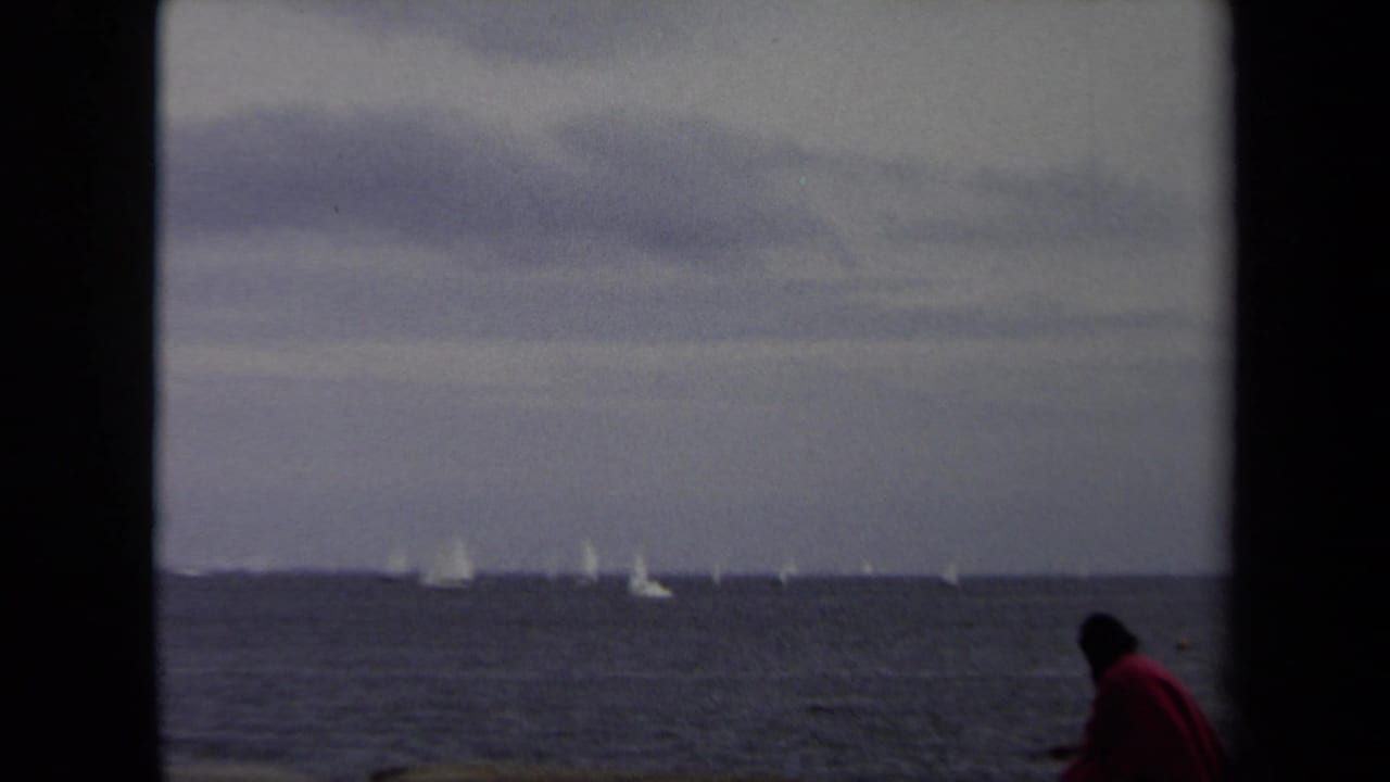 A seated person in a red jacket appears at the edge of a waterfront view with sailboats offshore.