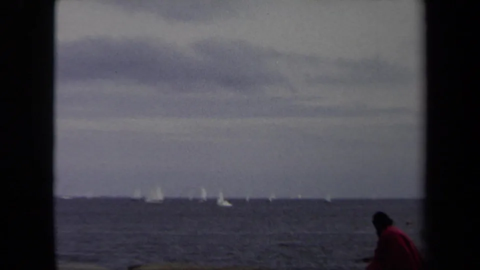 A person in a red jacket sits near the edge of the Annapolis shoreline frame while small sailboats appear far across the water.