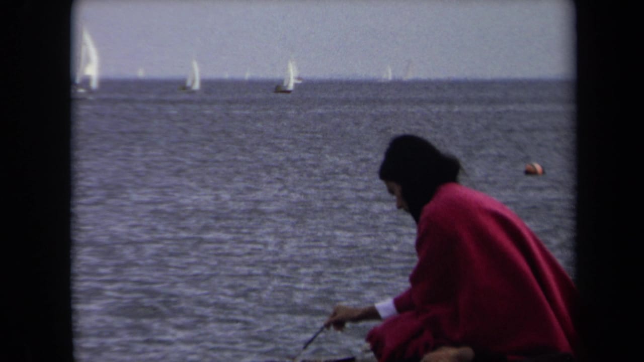 Seated woman in red reaches toward the water with sailboats behind her.