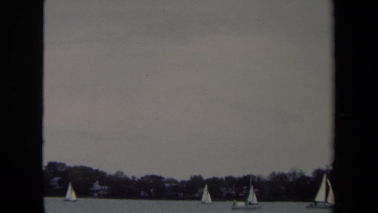White sailboats appear on the water with a dark shoreline and cloudy sky behind them.