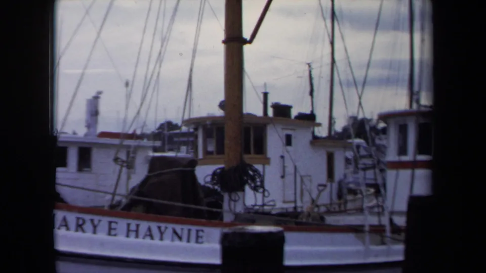 1970 Annapolis harbor detail with docked boats, dense mast lines, and the partly readable MARY E HAYNIE name on a hull.