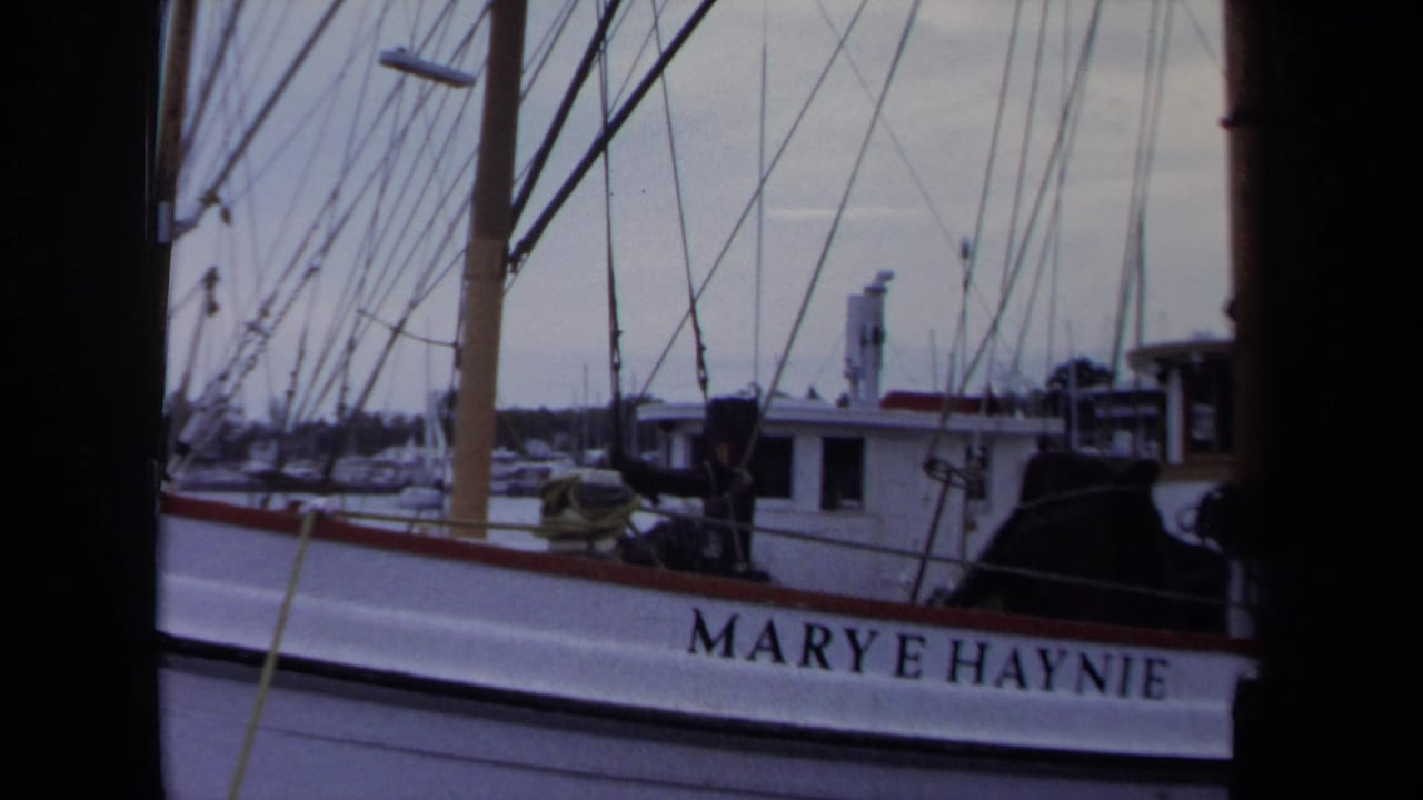 Close dockside view of the Marye Haynie hull, rigging, cabin, and harbor background.
