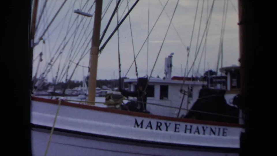The Marye Haynie hull lettering appears clearly in a 1970 Annapolis harbor shot with rigging and nearby waterfront structures.