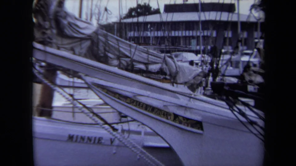 Closer Annapolis marina frame showing a sailboat bow marked MINNIE V, dock lines, covered sail, rigging, parked cars, and a waterfront building.