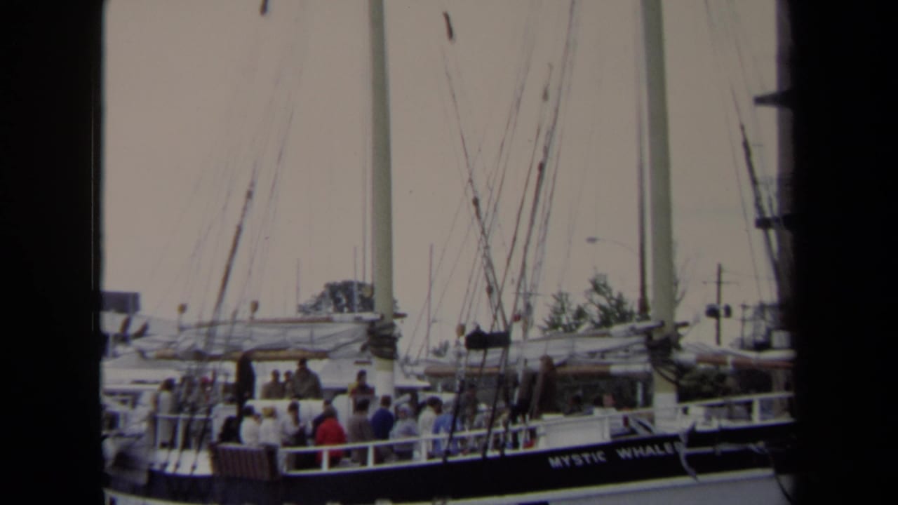 In Annapolis in 1970, people stand on the deck of the Mystic Whaler sailboat while it is docked at a marina.