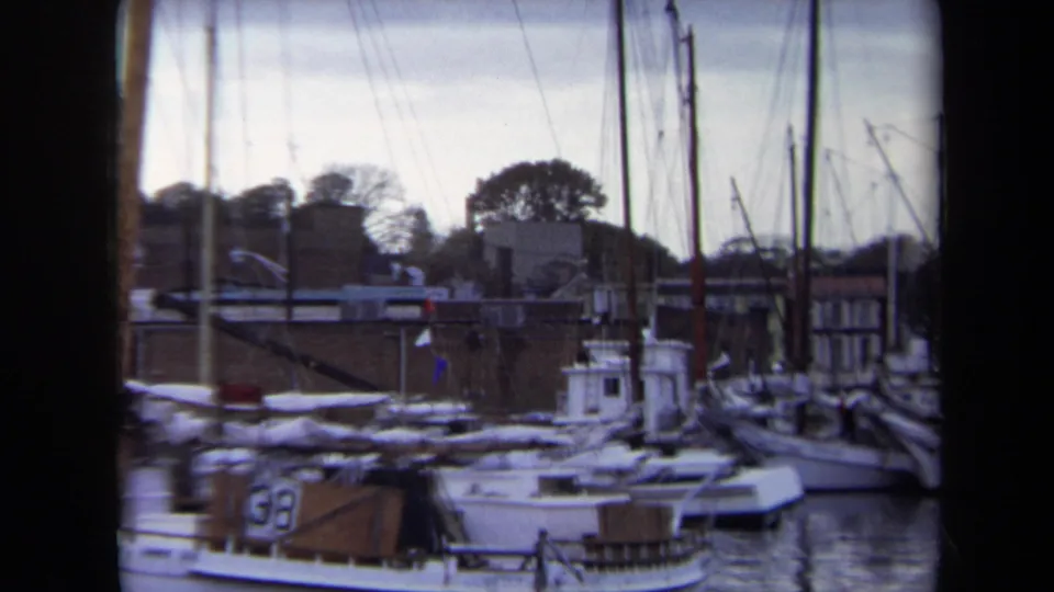 1970 Annapolis marina view with moored boats, upright masts, calm water, trees, and low waterfront buildings.